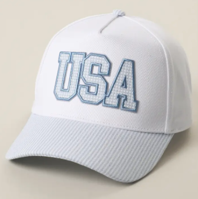 USA Gingham Embroidered with Stripe Brim Trucker Hat