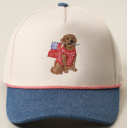 Golden Retriever Holding American Flag With A Denim Brim